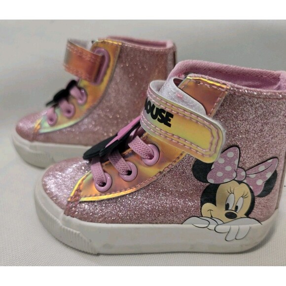 Disney Minnie Mouse Toddler Girl High-Top Sneakers Pink Glitter Size 4 EUC - Picture 2 of 7